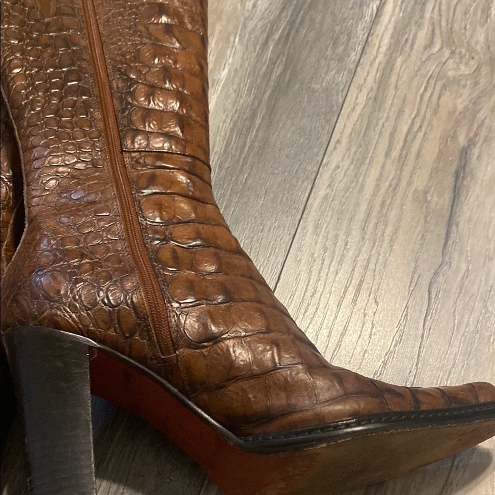 Donald J. Pliner Leather Tan Crocodile Heeled Boots - Picture 8 of 10
